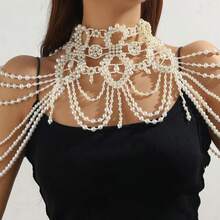 1pc Fashionable European & American Style Sexy Elegant Multi-Layer Faux Pearl Tassel Figure-8 Shoulder Chain Necklace, Suitable For Dresses And Body Accessories - STD004 - View 1