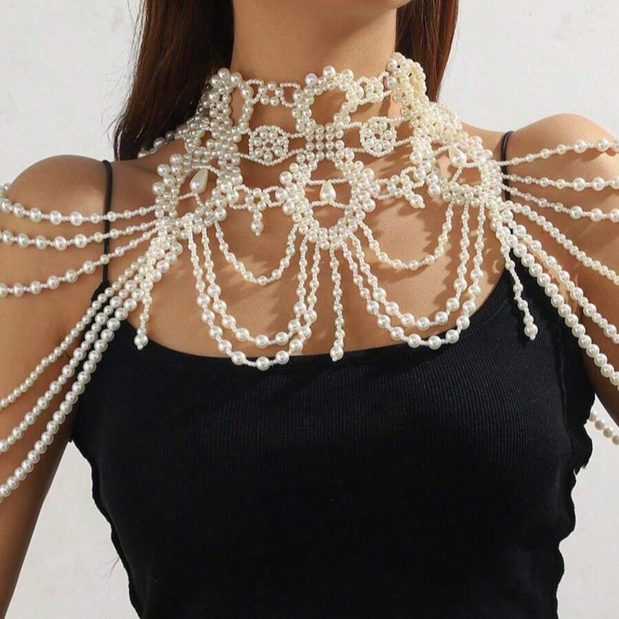 1pc Fashionable European & American Style Sexy Elegant Multi-Layer Faux Pearl Tassel Figure-8 Shoulder Chain Necklace, Suitable For Dresses And Body Accessories - STD004 - View 1