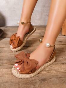 Women's Wide Width Bow Decor Flat Sandals, Pearl Pendant Decoration Versatile Casual Sandals For Women, Suitable For Outdoor, Party, Vacation, Lightweight Luxury Fashion Comfortable Elegant Flat Sandals - Brown - View 3