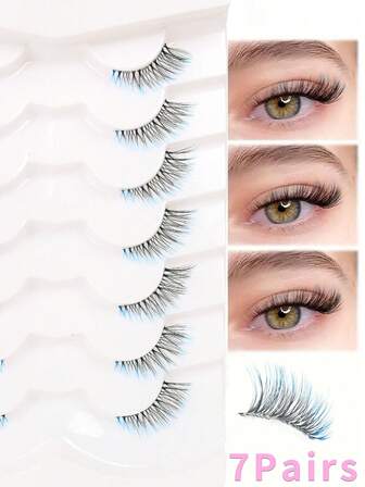 半混色猫眼假睫毛，7对装，4-12毫米仿貂毛假睫毛，自然色、黑蓝色混色假睫毛，适用于化妆的条状假睫毛