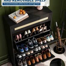 Zapatero de Ratán Slim con Almacenamiento Oculto de 2 Puertas Abatibles, Estantes Regulables, Mueble Independiente para Salón y Entrada - Negro - Ver 5