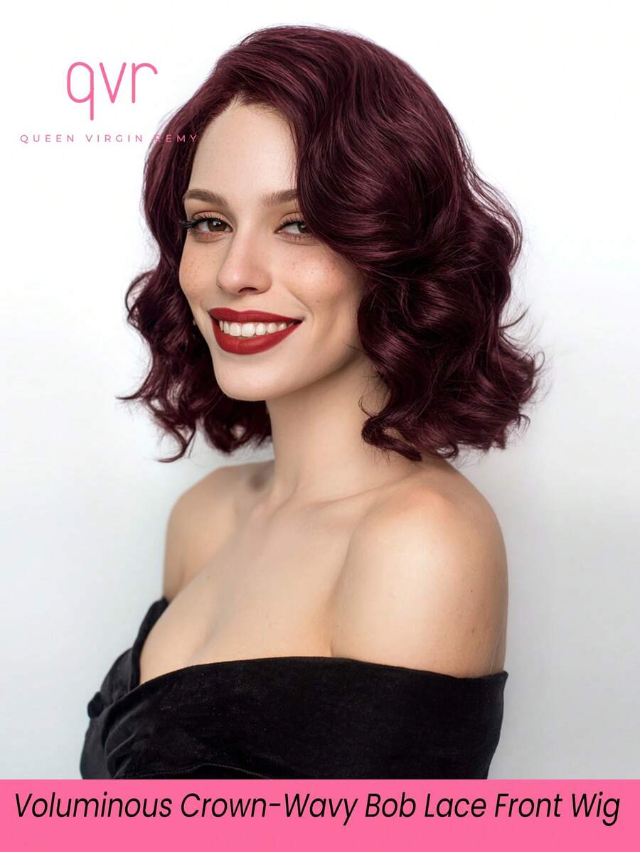 QVR QUEEN VIRGIN REMY QVR酒红色波浪卷波波头假发，真人发，宽松深蕾丝前波波头假发，侧分，预先拔毛，150%密度，透明蕾丝前波波头假发，蓬松头顶，黑帮妻子风格波波头假发，修饰脸型，深蕾丝分缝 - S99J - 查看 1