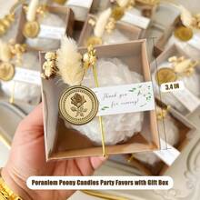 DPeony Candles Party Favors With Gift Box Set Of 10 Floral Shaped Nature Soy Wax Dried Flower Decoration And Gold Seal Thank You Tags Wedding Favors Pack White - 白色 - 查看 3