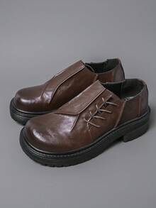 男士圆头厚底德比鞋，系带乐福鞋，褶裥鞋面设计，正式场合正装鞋 - 棕色 - 查看 11