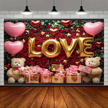 1 Romantic Valentine's Day Theme Polyester Background Fabric, Durable, Festive Red And White Decor With Heart Balloons, Roses, And Teddy Bears, Perfect For Store Windows Or Party Atmosphere - Multicolor - View 10