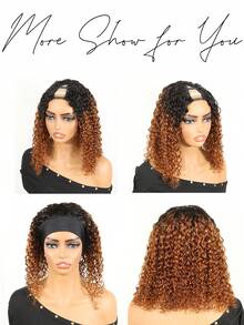 Ombre-rödbrun, djupvågig, lockig peruk med hårband för kvinnor, lätt att bära, brasilianskt hår, 12 tum, V-formad, kort, kinky, lockig, limfri peruk, 150 % densitet, lockigt, äkta hår, kort bob-peruk, naturlig svart, ombre-brun, grundläggande, utan spets, bob-peruker - S1/30 - Visa 2