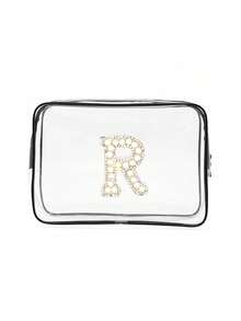 Bolsa de almacenamiento portátil de PVC transparente con toalla bordada con perlas blancas con letras de la A a la Z, organizador de maquillaje de gran capacidad, impermeable, con cremallera, bolsa de maquillaje, bolsa de cosméticos, organizador de vacaciones, bolsa de belleza, bolsa de tocador, regalo para dama de honor, recuerdo, regalo de cumpleaños para familiares y amigos, Día de San Valentín, temporada de bodas, Ramadán