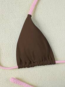 Bộ 2 món bikini dây bện màu nâu và hồng dành cho nữ, áo tắm phối màu ngọt ngào gợi cảm cho kỳ nghỉ biển 2026, trang phục sinh nhật cho nữ, đồ tập thể dục cho nữ, váy thanh lịch cho nữ, trang phục đi nghỉ mát cho nữ, áo thun thường ngày cho nữ - Nhiều màu - Xem 4