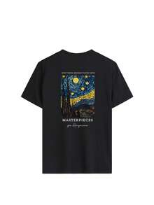 Camiseta de manga corta negra para mujer, con estampado de letras artísticas, estilo casual, holgada y versátil, cuello redondo, ideal para uso diario y vacaciones, transpirable y cómoda. - Negro - Ver 3