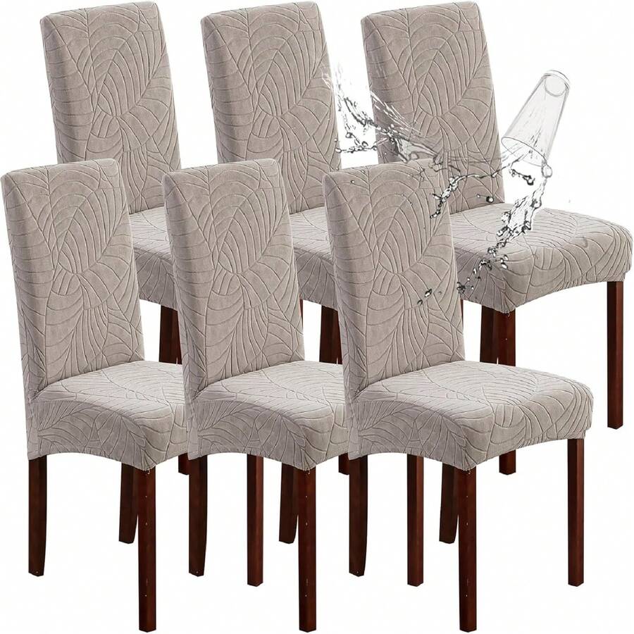 2/4/6 Set Of Waterproof Chair Covers For Dining Room Stretch Chair Covers Solid Color Chair Covers, Jacquard Leaves Dining Room Chair Covers Washable Chair Covers Protector For Restaurant (Light Grey/Dark Grey/Blue/Beige/Taupe) - Light Grey - 查看 1