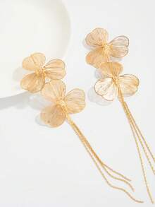 1 Pair Vintage Creative Fashion Metal Hollow Ginkgo Leaf & Flower Earrings, Glamorous Rhinestone Tassel Earrings, Suitable For Women's Daily Wear And Various Banquet Parties As Decorative Jewelry - Flower Earrings - View 5