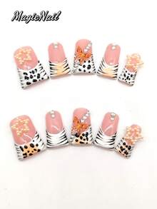 10 Peças de Unhas Puras Prensadas à Mão, Unhas com Formato de Bico de Pato de 25mm de Comprimento, Unhas Rosa-Carne, Parte da Ponta do Dedo Branca Desbotando em Laranja-Amarelo, Ornamentos de Borboleta Tridimensional, Ornamentos de Estrela de Cinco Pontas, Linhas de Strass, Linhas Pretas Pintadas à Mão, Manchas. Película de Unhas Fofa. - Multicolorido - Visão 2