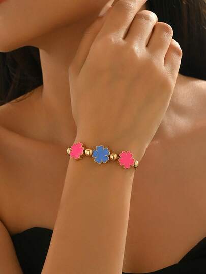 1pc Women's Fashion Elegant Minimalist Versatile Creative Oil Drop Clover Flower Colorblock Adjustable Bracelet Jewelry, Essential For Women's Outfits, Great Gift For Family And Friends