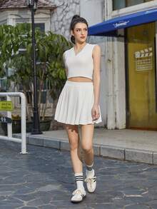 PARTHEA V-Neck Backless Cut Out Bodycon Tennis Top & Pleated Bodycon Mini Tennis Skirt (Built-In Shorts With Pockets) - White - View 6