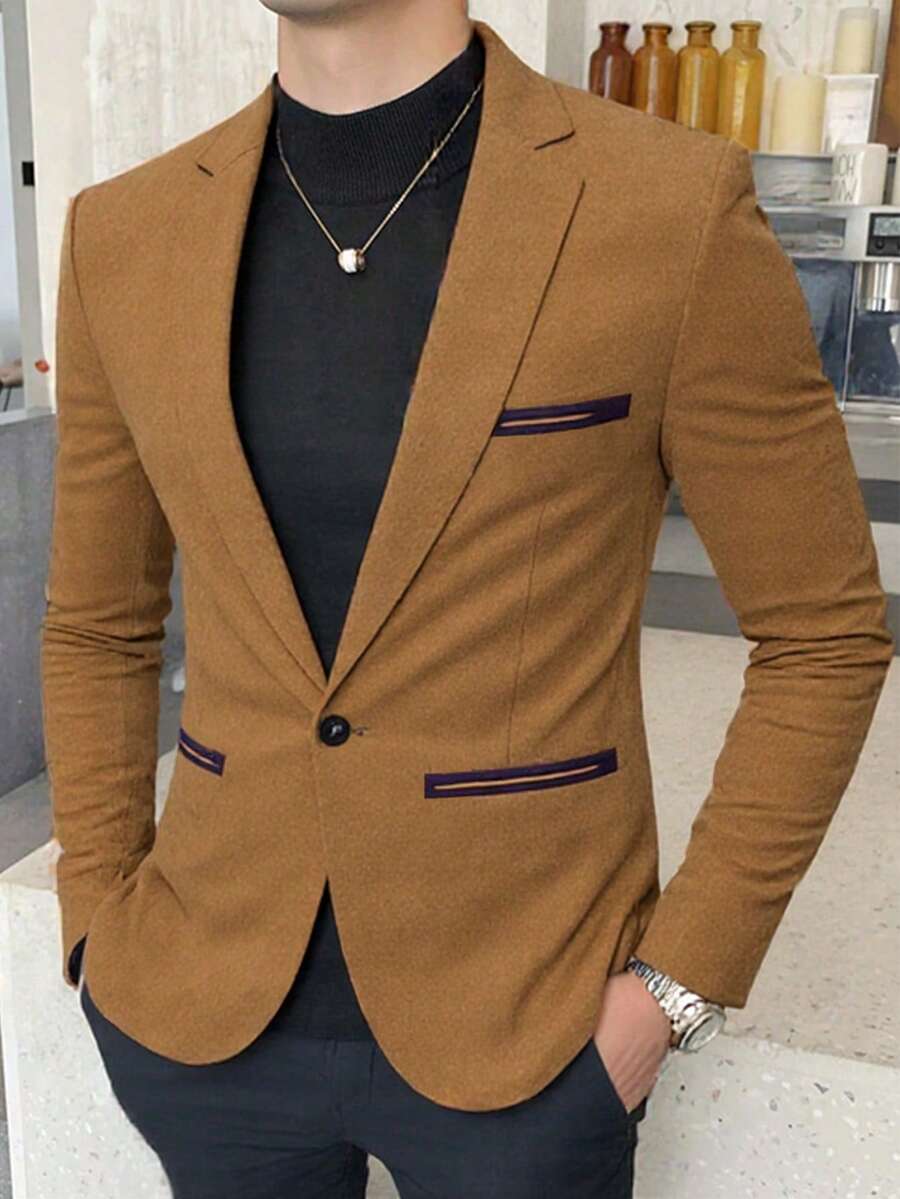 Men's Casual Minimalist Suit Jacket, Men's Fashionable Corduroy Blazer - Khaki - View 1