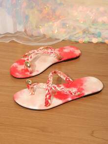 1 Pair Brown Woven Strap Criss-Cross Sandals, Versatile Metal Buckle Decor Slides, Ombre Thong Flat Slippers, Tie-Dye Flat Outdoor Comfortable Flip Flops, Elegant Party Preppy School Holiday Fashion Basic Chic Cute Party Casual PU Leather Criss-Cross Flat Sandals For Beach, Festival, School, Office, Home, Outdoor, Spring/Summer/Autumn - Red - View 6