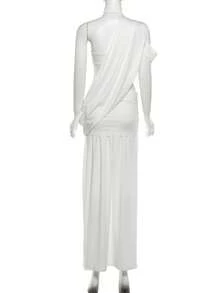 1 Set New Solid Color Sexy Halter Backless Asymmetrical Top & Pleated Split Hem Skirt Suit Wedding Party White - White - View 6