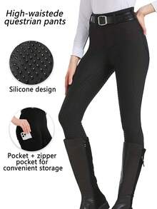 1pc Women's Equestrian Pants (Black), Full Silicone Non-Slip Wear-Resistant Wrinkle-Resistant, High-Waist Design, Polka Dot Pattern Skinny Riding Pants With Pockets, High Elasticity , Suitable For All Seasons, Excluding Belt - Black - View 1
