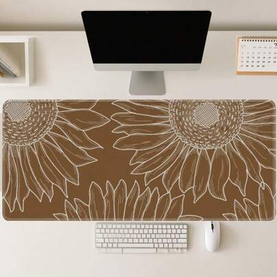 XXL 超大游戏桌垫兼鼠标垫 - 手绘向日葵波西米亚动漫设计，棕/米色配白色线条，防滑橡胶底座，可水洗表面，超大电脑桌垫，适用于PC、办公室、工作站（XXL尺寸），2D平面家用工作空间配件 | 艺术桌垫 | 光滑表面