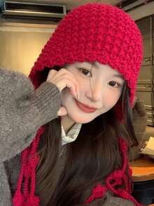 1顶女士针织帽，多功能流苏保暖头饰，复古红色头巾式帽子 - 彩色 - 查看 9