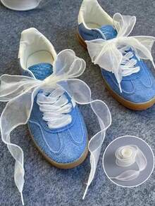 2条欧根纱蕾丝鞋带，透明芭蕾舞风格帆布鞋带，DIY甜美学院风珍珠鞋饰（不含鞋子） - 米色 - 查看 3