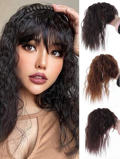 假发、女士发带、一体式发带、顶部卷发、玉米辫烫发遮盖白发、合成发带、发带、接发