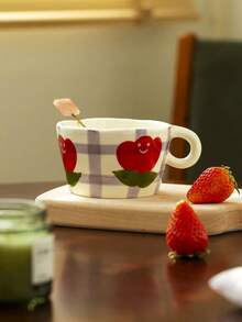 1pc Ins Style Hand-Painted Tulip Ceramic Mug With Handle, Household Breakfast Milk Oatmeal Cup, Office Water Cup, Afternoon Tea Coffee Cup, Latte Art Cup, Juice Beverage Cup, Couple Water Cup, Holiday Gift Cup For Family And Friends