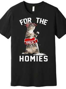 Men'S Funny Gangsta Cat T-Shirt - "For The Homies" Retro Streetwear Tee, Soft Breathable Crew Neck Shirt For Everyday Casual Outfits & Themed Events - Funny Pet Lover Gift Apparel, Humorous Clothing, Bold Print, Comfortable Fit, Short Sleeve Top, Humor Enthusiasts - 黑色 - 查看 7