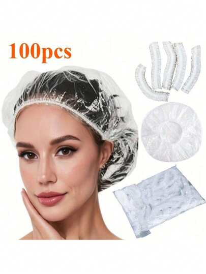 50/100pcs Disposable Shower Caps For Women & Men - Large Waterproof Plastic Hair Covers, Unisex Salon Quality, Ideal For Deep Conditioning & Hair Care, Mixed Colors/White