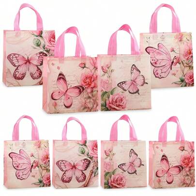 4/12pcs Floral & Butterfly Pattern Tote Bags, Premium Pink Non-Woven Fabric Gift Packaging Bags, Multipurpose Shopping Bags For Family Gatherings, Birthday Parties, Suitable For Valentine's Day, Mother's Day, Thanksgiving And Other Holidays