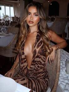 Cheetah Print Club Outfits For Women  Vestidos Elegantes De Mujer Vestidos De Mujer Elegantesdresses For Women Long Dresses For Women An Elegant And Sophisticated Sleeveless, Collarless, Deep V-Shaped Leopard Print Lady's High-Waisted, Form-Fitting And Midriff-Baring Dress. An Elegant Evening Gown Suitable For Daily Outings, Evening Parties And Fashionable Dressing In Autumn And Winter. - 豹紋[現貨] - 查看 3