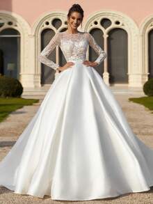 Elegante clásico encaje aplicado mangas largas una línea de satén vestido de novia formal, vestidos de la oficina del registro de compromiso vestido de novia, vestido de fiesta de la noche vestido de cumpleaños de la boda del país, vestido de novia de la ceremonia de la iglesia romántica, adecuado para la boda, citas, fiesta, fiesta de solteros, vacaciones, ocasiones formales, vestido de cena, vestido de baile, desse de regreso a casa, fiesta de cóctel, vestido de invitado de boda, graduación - Blanco - Ver 1