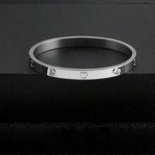 1/3件套不锈钢18K镀金心形水钻手镯套装，14K镀金铜锆石开口手镯，时尚女士珠宝礼品套装，适合日常佩戴和节日佩戴 - 銀色 - 查看 5