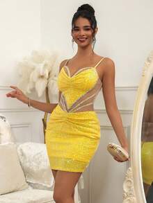 NIKBK Đầm ngắn dự tiệc, dạ hội, đêm tiệc ngắn ôm sát cơ thể màu vàng ánh kim đính đá, cổ hình trái tim, dây mảnh, eo lệch, chất liệu xuyên thấu, ôm sát tôn dáng, thích hợp cho ngày Valentine và đám cưới mùa xuân. - màu vàng - Xem 8