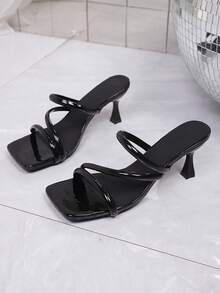 Planare Multi Strap Pyramid Heeled Slingback Sandals, Black Elegant Plain Peep Toe Heels - Black - View 1