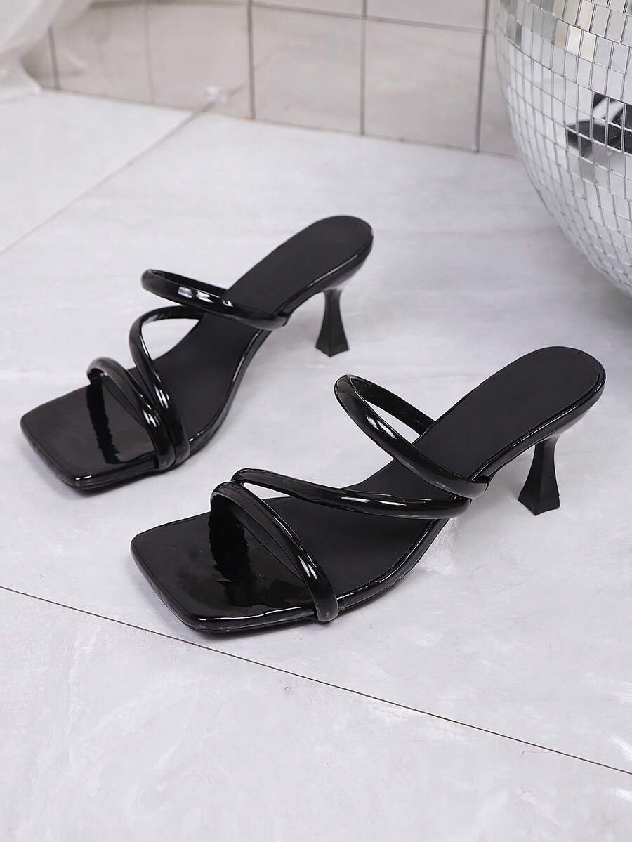 Planare Multi Strap Pyramid Heeled Slingback Sandals, Black Elegant Plain Peep Toe Heels - Black - View 1