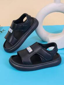 1 Pair Unisex New Style PU Hook And Loop Design Flat Open Toe Sandals, Soft Sole Non-Slip Children Beach Shoes, Suitable For Summer - Black - View 3