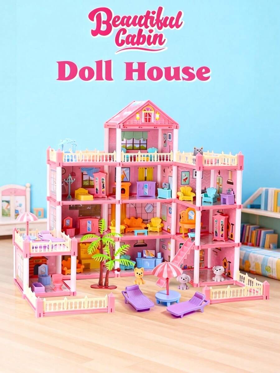 4-9 Years Old Girls' Dollhouse Playset, 1-4 Layers Rooms Playhouse With Doll Toys, Luxury Villa Toy, Princess Castle DIY Building Kit, Full Set Furniture Accessories, Fashion Dollhouse, Birthday Gift (Some Furniture Accessories And Doll Colors Are Random) - Multicolor - View 1
