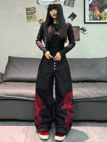 1件装女士复古美式街头风多扣刺绣阔腿牛仔裤，宽松舒适，时尚街头风，四季皆宜（不含腰带/配饰）休闲黑色春季款 - 黑色 - 查看 5