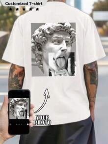 Customized Personalized Boyfriend Style Men's Casual Loose Crew Neck T-Shirt - Add Your Own Photo (Family, Selfie, Pet, Friend, Couple, Girlfriend), Gift/Holiday/Festival Fashion, Streetwear, Casual, Minimalist Personalized, Customized, Unique Men's Clothing, Spring/Summer/Autumn, Capsule Wardrobe, Men's Basics/Streetwear, Ideal Gift For Him - White - View 3