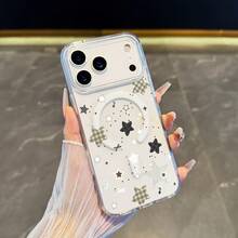 UE (DE et ES) Cette coque de téléphone à étoiles quadrillées pulvérisées à l'encre prend en charge la charge sans fil, est résistante aux chutes et a un toucher magnétique. Compatible avec iPhone 1 Pro Max/1 Air/16/15/14 Plus/13/12/11 et Galaxy A56/A55/A54/A36/A35/A26/A25/A16/A15/A06/S25 Ultra - Blanc antique - Voir 2