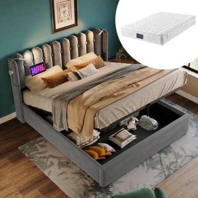 Polsterbett Doppelbett Leselicht Mit Ladefunktion Kopfteil Stauraum Bettgestell Samt Jugendbett 140x200 Mit Lattenrost,Grau(Mit Matratze)