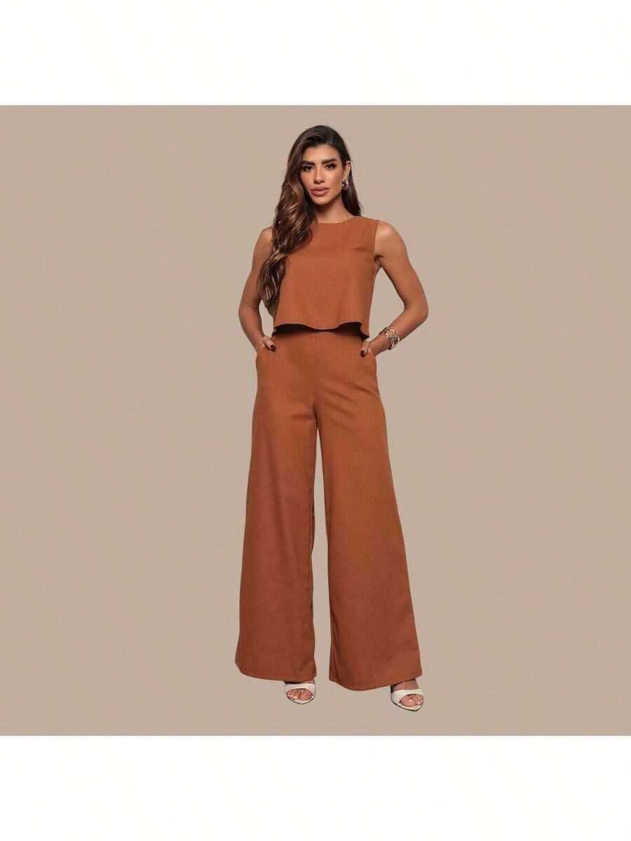 Stylish Women's Linen Pants And Blouse Set - Rỉ Nâu - Xem 1