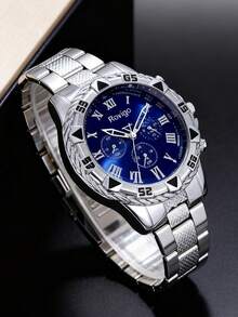 3 PiecesMen's Business Luxury Set, Including 1 Geneva Multi-Function Black Dial Steel Band Quartz Watch, 1 Silver Thick Chain Bracelet, And 1 Embossed Black Leather Wallet. Fashionable And Elegant Design. - Silver - View 6