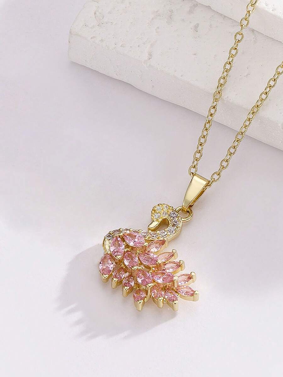 1pc Premium Cubic Zirconia Swan Necklace, Micro-Inlaid Zirconia Pendant Choker, Unique Design, Suitable For Women Gifts, Bridal, Daily Wear, Date, Party - Yellow Gold - View 1