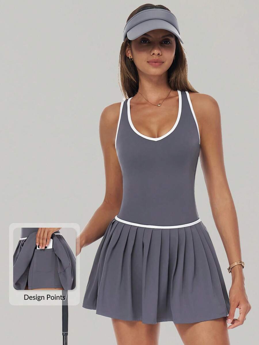 MASKERT 女士连衣裙、女士运动服、网球运动服、连衣裙、瑜伽服。舒适百搭的运动连衣裙和半身裙，高弹亲肤，适合居家休闲穿着。夏季 - 燧石 - 查看 1