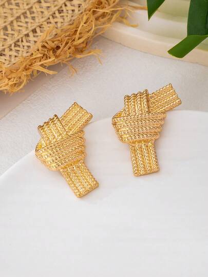 2只独特打结耳环，金属金色，女士耳环，适合日常佩戴、购物，个性化欧美风格，百搭耳环