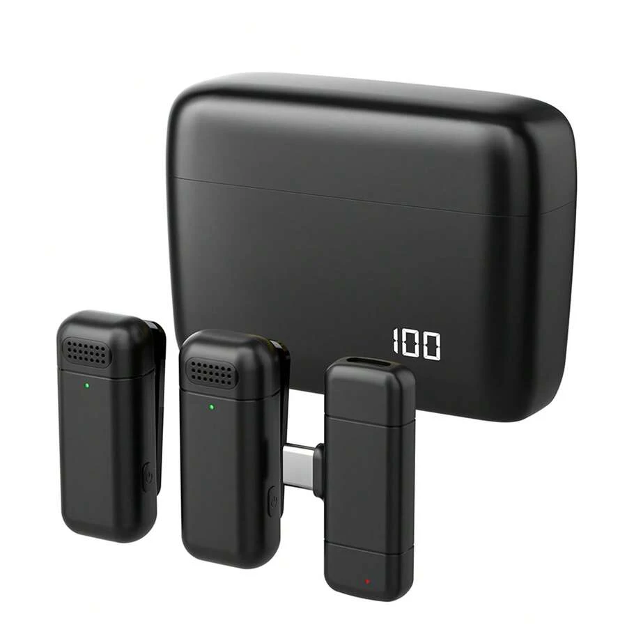 7RYMS Rimo S1UC Wireless Microphone System with 1 Receiver & 2 Microphones 50M Transmission Range Built-in Battery with Charging Case Replacement for Android Phones Computer Laptop Camera for Live Streaming Interview Vlog - Negro - Ver 1