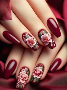 24 ملصق فني لأظافر على شكل وردة لعيد الحب، ملصقات أظافر بلون أحمر أحادي من طراز Y2K - عنابي اللون - مشاهدة 8