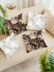 2/4PCS Vintage Brown & Silvery White Floral Pillowcase - Faux Super Soft Fabric, Distressed Texture Plant Print, Luxury Retro Style Sofa Decor Cover (Pillow Insert Not Included) - Multicolor - View 3